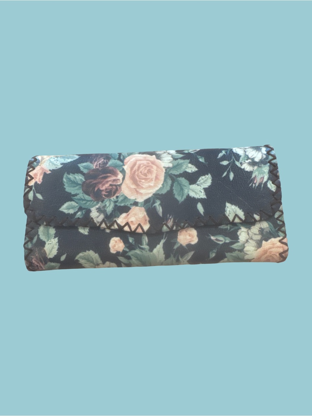 Floral Fold-Over Wallet Clutch in Black with Pink Rose Print